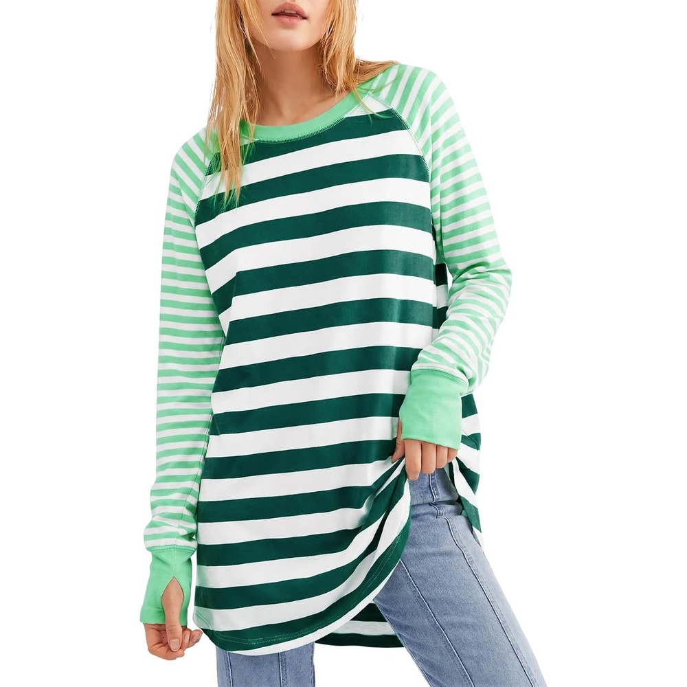 image:imageFisoew Womens Casual Long Sleeve Tops Crew Neck Round Hem Loose TShirts Tunic Tops with Thumb HolesZ Green