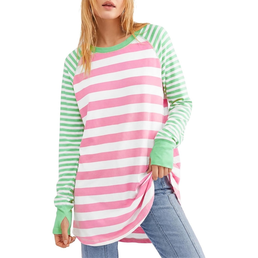 image:imageFisoew Womens Casual Long Sleeve Tops Crew Neck Round Hem Loose TShirts Tunic Tops with Thumb HolesZ Pink