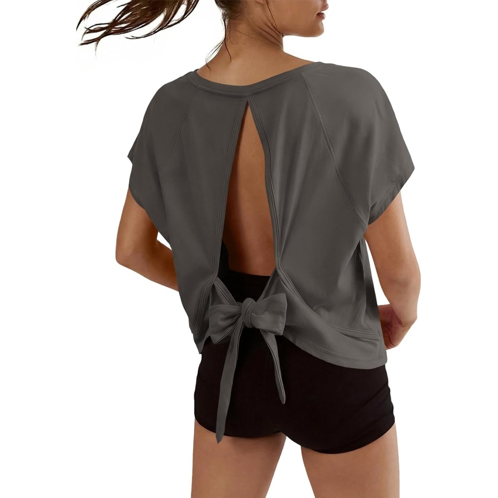image:imageFisoew Womens Open Back Workout Crop Tops V Neck Short Sleeve Athletic Shirts Tie Back Oversized Gym Running Yoga TeeDark Grey