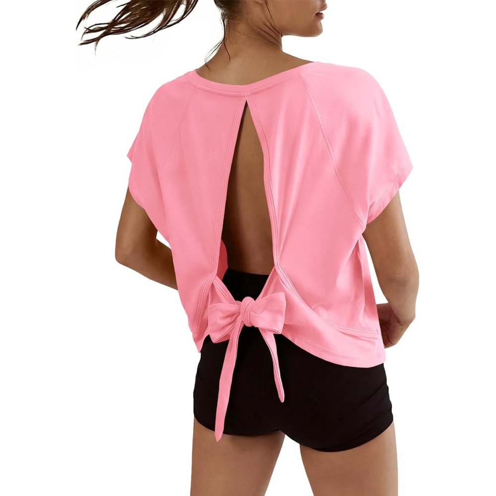image:imageFisoew Womens Open Back Workout Crop Tops V Neck Short Sleeve Athletic Shirts Tie Back Oversized Gym Running Yoga TeePink