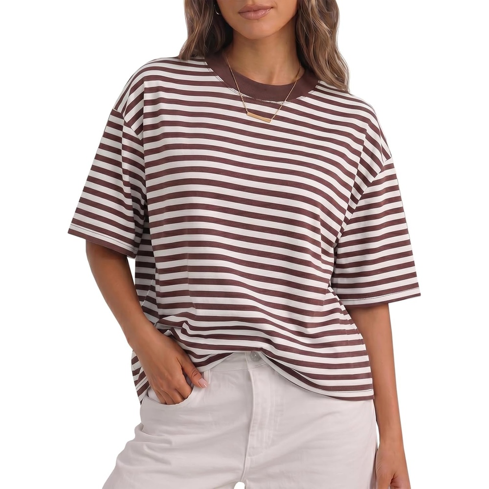 image:imageFisoew Womens Oversized Striped T Shirts Drop Shoulder Color Block Short Sleeve Tops Casual Crewneck Y2K ClothesBrown