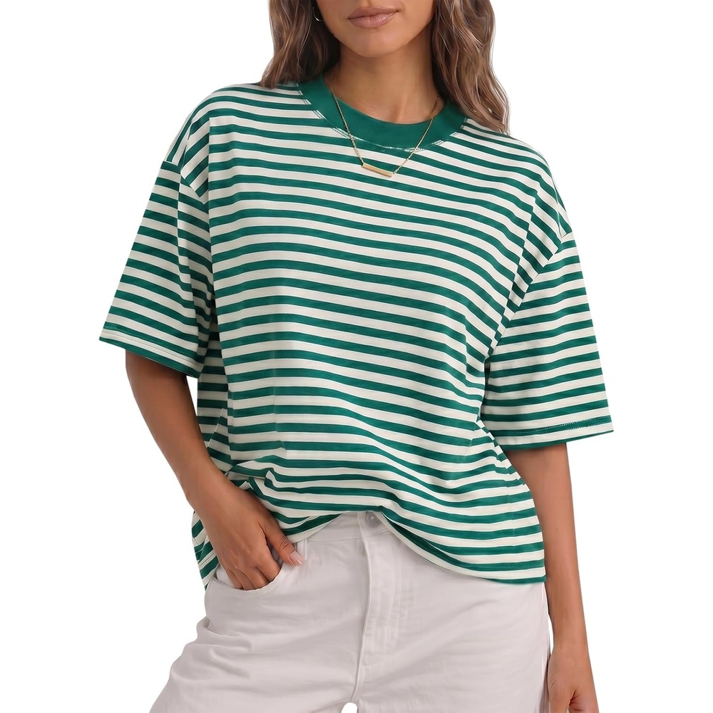 image:imageFisoew Womens Oversized Striped T Shirts Drop Shoulder Color Block Short Sleeve Tops Casual Crewneck Y2K ClothesGreen
