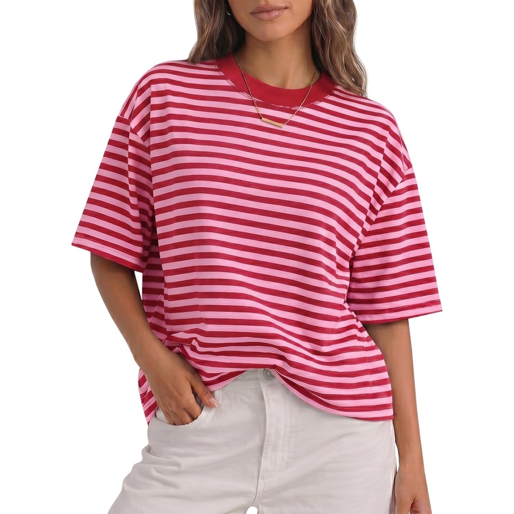 image:imageFisoew Womens Oversized Striped T Shirts Drop Shoulder Color Block Short Sleeve Tops Casual Crewneck Y2K ClothesPink