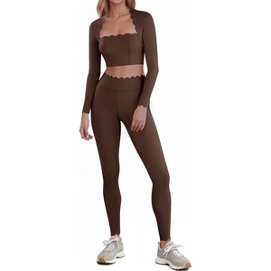 Fisoew Two Piece Workout Sets For Women High Waisted Scolloped Leggings with Crop Tops Gym Yoga Active Wear Outfits(Brown)