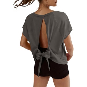 Fisoew Womens Open Back Workout Crop Tops V Neck Short Sleeve Athletic Shirts Tie Back Oversized Gym Running Yoga Tee(Dark Grey)