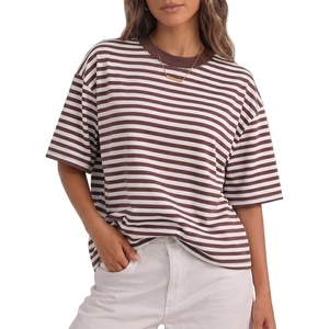 Fisoew Womens Oversized Striped T Shirts Drop Shoulder Color Block Short Sleeve Tops Casual Crewneck Y2K Clothes(Brown)