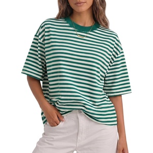 Fisoew Womens Oversized Striped T Shirts Drop Shoulder Color Block Short Sleeve Tops Casual Crewneck Y2K Clothes(Green)