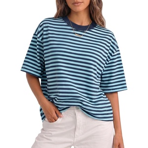 Fisoew Womens Oversized Striped T Shirts Drop Shoulder Color Block Short Sleeve Tops Casual Crewneck Y2K Clothes(Navy)