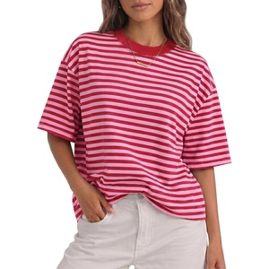 Fisoew Womens Oversized Striped T Shirts Drop Shoulder Color Block Short Sleeve Tops Casual Crewneck Y2K Clothes(Pink)