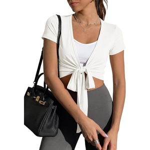 Fisoew Womens Wrap Tie Tops Short Sleeve Ballet Pilates Yoga Crop Shirts Y2k Workout Deep V Neck Casual Wrap Tops White