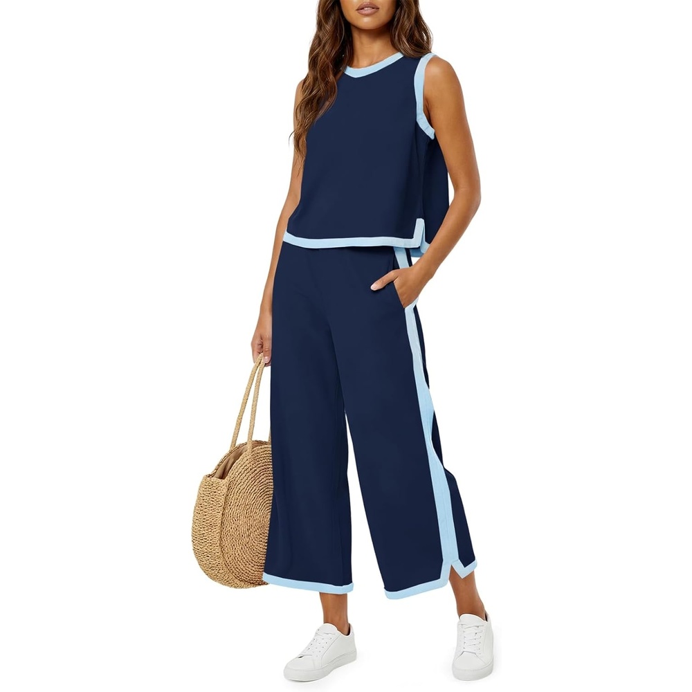 image:imageFisoew Womens 2 Piece Outfits Summer Sleeveless Wide Leg Capris Tracksuits Casual Cotrast Colors Lounge SetsNavy